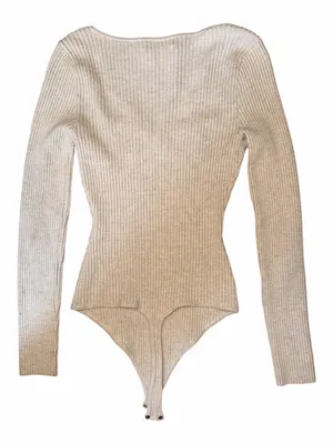 Abercrombie & Fitch Ribbed Long-Sleeve Scoop-Neck Bodysuit in Cream thumbnail 2