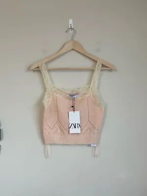 NWT Zara Pointelle Knit Lace Trim Crop Tank thumbnail 7