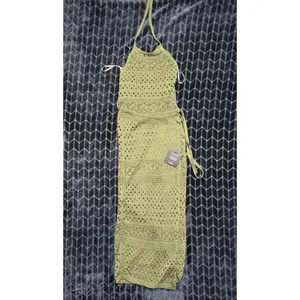 Lulus Green Crochet Knit Tie Halter Neck Wrap Midi Dress Sleeveless Small NWT thumbnail 2