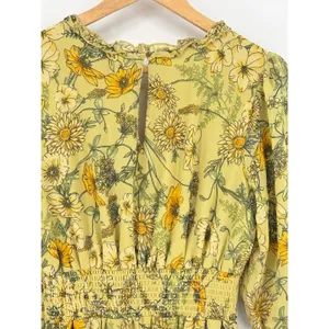 Floral Romantic Prairie Midi Maxi Dress Yellow Green Botanical Ruffle Size Large thumbnail 6