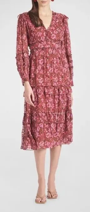 Sachin & Babi Ronnie Long Sleeve VNeck Ruffle Printed Midi Dress Size 4 Pink NWT thumbnail 1