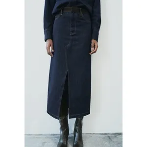 ZARA ZW Collection Denim Midi Skirt Contrast Suede Waistline Blue Pockets Small thumbnail 5