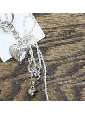 NWT Key Ring Heart Locket Charms Beaded Bow Bag Charm Silver Gray / White 6.5" thumbnail 3