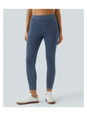 Halara L 7/8 Womens Stretchy Denim-Look High-Waisted Capri Leggings Size L Blue thumbnail 2
