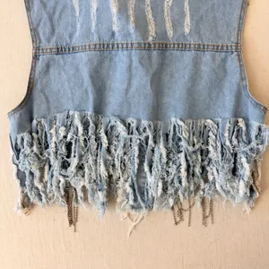 Spoon Jeans Denim Vest Women XL Blue Distressed Rhinestone Fringe Western Crop thumbnail 13