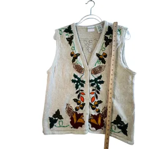 Vtg Bobbie Brooks Sweater Vest Embroidered Fall Harvest Acorn Nature Ramie Tan L thumbnail 6