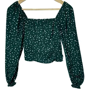 NEW Abercrombie & Fitch Green White Ruffled Smocked Puff Sleeve Blouse Size XXS thumbnail 2