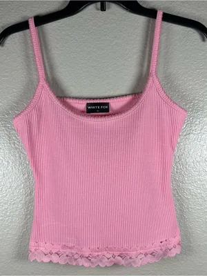 White Fox Boutique Pink Ribbed Lace-Trim Tank Top SZ:S thumbnail 1