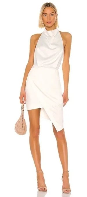 NEW ELLIATT Camo ASYMMETRIC White Ivory SATIN Halter DRAPED Cocktail dress sz S thumbnail 1