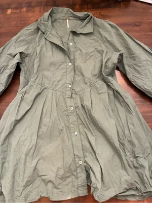 Free People Hannah Poplin Dress Large Army Green Tunic Shirt Dress Mini Buttons thumbnail 2