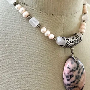 Sterling Silver Rhodonite Pendant Necklace w Freshwater Pearls thumbnail 6