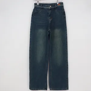 Dark Wash Wide Leg High Waisted Jeans Frayed Waistband Detail Small thumbnail 2