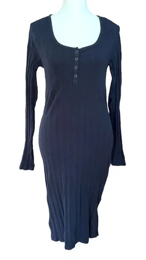 Pact Ribbed Long Sleeve Organic Cotton Midi Dress Navy Small thumbnail 1
