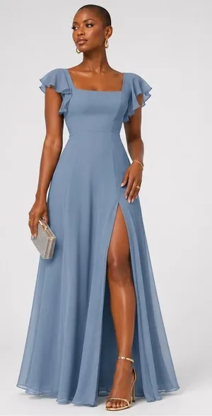Azazie Womens A6 Dusty Blue Chiffon Flutter Sleeve Floor Length Bridesmaid Dress thumbnail 1
