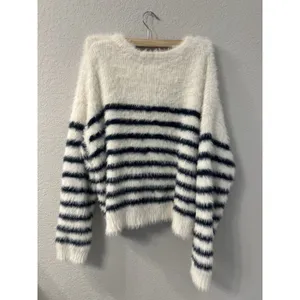 La Ligne Target Womens Fuzzy Yarn Striped Crewneck Sweater Blue White Sz L‎ thumbnail 2