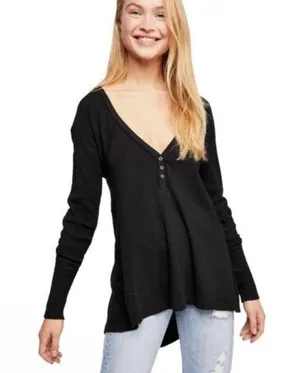 We the Free People Black Long Sleeve V-Neck Top waffle knit empire thermal M thumbnail 1