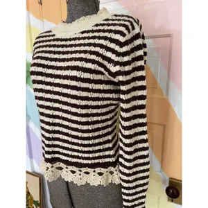Bohme NWT Striped Crochet Trim Sweater Womens Medium Brown Cream thumbnail 7