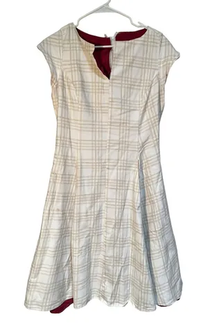 Women's Midi A-Line Dress White Beige Plaid Red Lined Split Neck Cap Sleeve Zip thumbnail 1