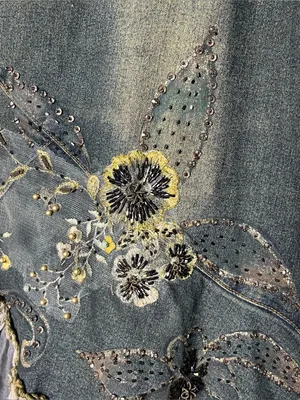 Y2K Vintage Asymmetrical Lace Hem Floral Beaded Fairy Grunge Denim Midi Skirt thumbnail 5