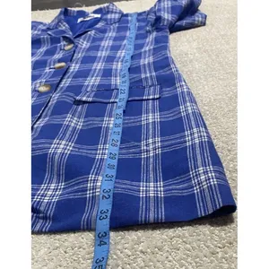 BB Dakota Steve Madden Women's Blue White Plaid Long Blazer Jacket Collared S thumbnail 5