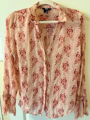 PAIGE Pink Floral Print Ruffle Sleeve Button-Front Blouse | Size Large thumbnail 1