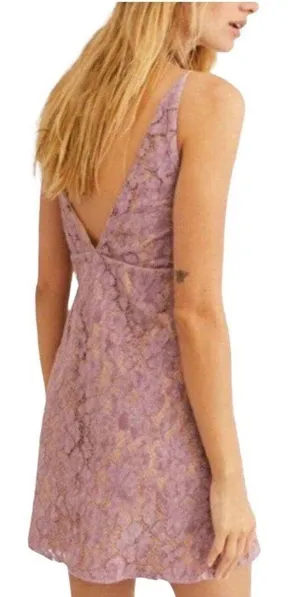 Free People Womens Dangerous Love Deep V Lace Mini Dress Purple Size 12 NEW Boho thumbnail 2