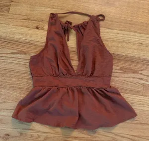 SHEIN Halter Peplum Top Size L Rust Orange Crinkle Deep V-Neck Boho Sleeveless thumbnail 1