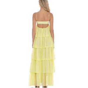 Lucy In The Sky Yellow Tiered Chiffon Maxi Dress Tie Front Cutout Back Small NEW thumbnail 5