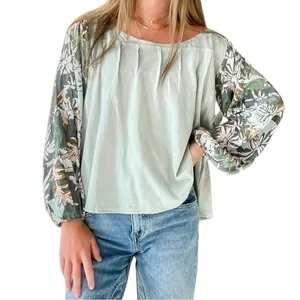 Free People Picking Petals Top Seafoam Green Contrast Sleeves Women's Size S thumbnail 2