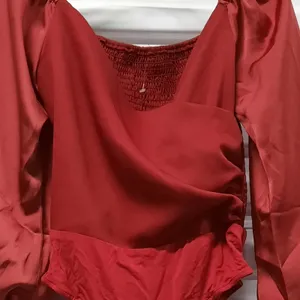 Womens Satiny Wrap Bodysuit Top Sz XS Red Puff Sleeve Smocked Romantic Holiday thumbnail 6