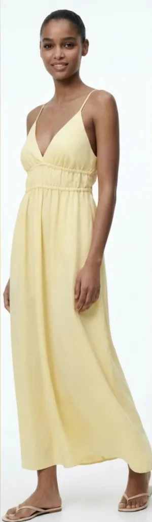 Zara Pastel Yellow Modal Blend Maxi Dress Open Tie Back Smocked Waist Medium thumbnail 1