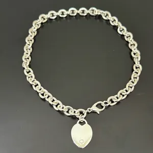 Unsigned Silver-tone Chunky Chain Heart Pendant “G” Stamped 16” Necklace 55g. thumbnail 4