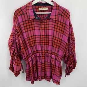 Anthro‎ We The Free People Size XS Shirt Pacific Dawn Red Pink Plaid Ruched NEW thumbnail 3