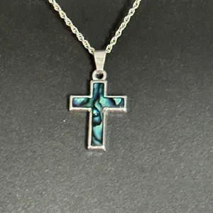 Silver tone abalone cross pendant necklace thumbnail 5