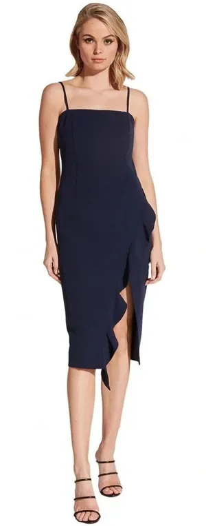 NWT Bardot Carmelle Midi Dress Navy Front Slit Ruffle Cocktail Size US 4/XS thumbnail 1