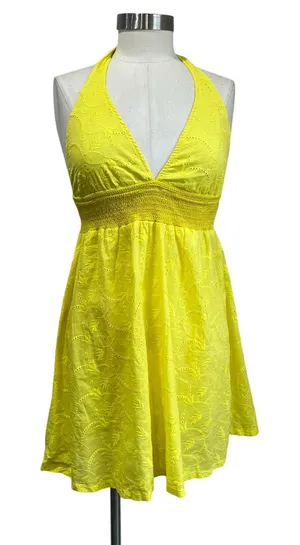 Ralph Lauren‎ Yellow Halter Mini Dress Embroidered Empire Waist Women’s Size M thumbnail 1