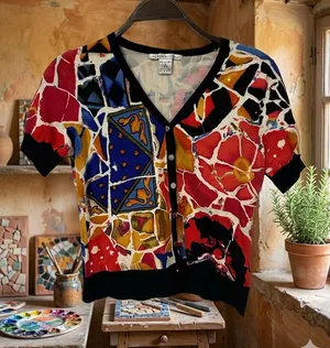 Peter Nygard Colorblock Floral & Geometric Short Sleeve Cardigan thumbnail 1