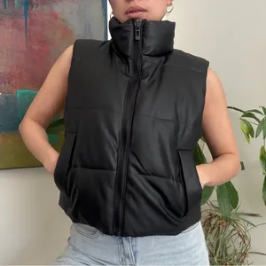 Zara faux leather black high neck puffer zip up vest XS thumbnail 1