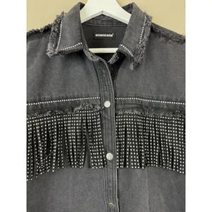 Denim Jacket Black Fringed Western Women’s Size S Embellished Festival Coachella thumbnail 5
