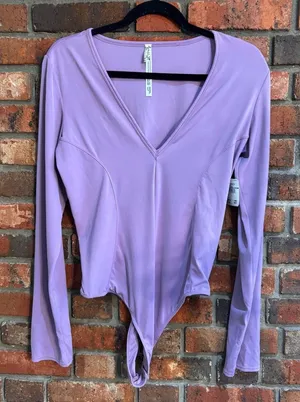 NWT Free People womens deep v long sleeve thong bodysuit lavender L thumbnail 1