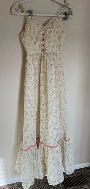 Vintage 70s Candi Jones Ditsy Floral Sun Maxi Dress Sz‎ XXS Strappy Ties Yellow thumbnail 1