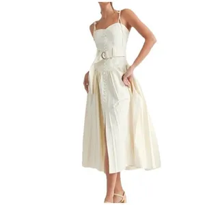 EBLuxe Cream Fitted Bodice Button Belted Ruffle Maxi Dress Size Medium thumbnail 2