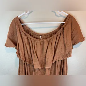 Free People‎ Boho Brown Ruffled Relaxed Cotton Tunic Size S thumbnail 2
