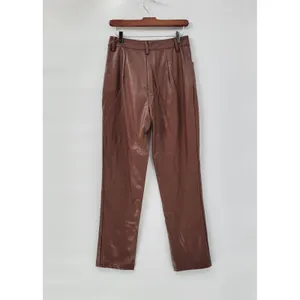 Faux Leather Pants Medium Brown High Waist Straight Leg Zip Casual Chic Club thumbnail 10
