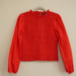 J. Crew Small Smocked Top Bright Red Puff Sleeve Ruffle Neck Organic Cotton thumbnail 1