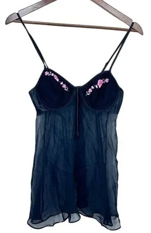 Gilligan & O'Malley Vintage Sheer Babydoll Dark‎ Fairy Lingerie Black Floral thumbnail 1
