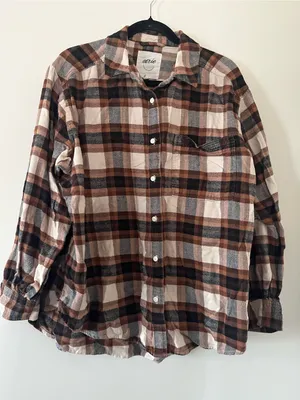 Aerie 100% Cotton Oversized Brown Button Up Flannel Shirt Large Rustic Fall thumbnail 1