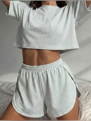 Women’s Matching Pajama Set Short Sleeve Top & Shorts Grey/White Medium thumbnail 1