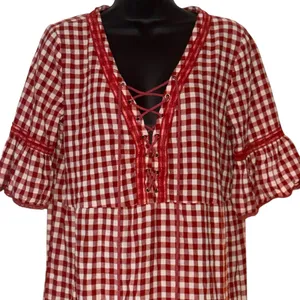 POL red and white gingham lace up flutter sleeve dress thumbnail 3