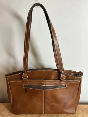 Patricia Nash Cognac Leather Tote Shoulder Bag Contrast Stitching Large Zip Top thumbnail 1